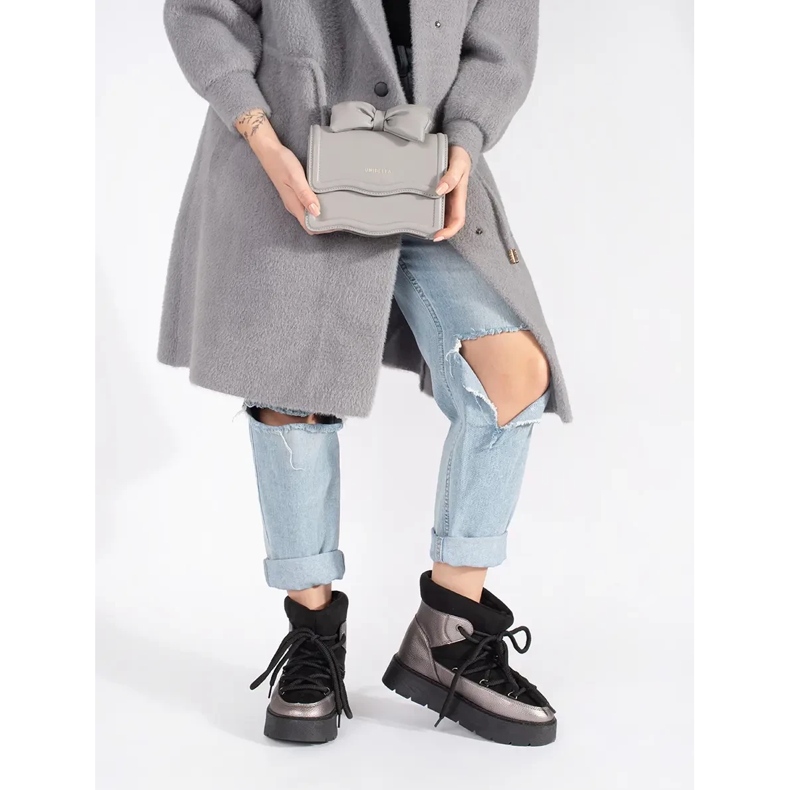 Schwarz-silberne Damen-Schneestiefel zum Schnüren mit dicker Sohle 1