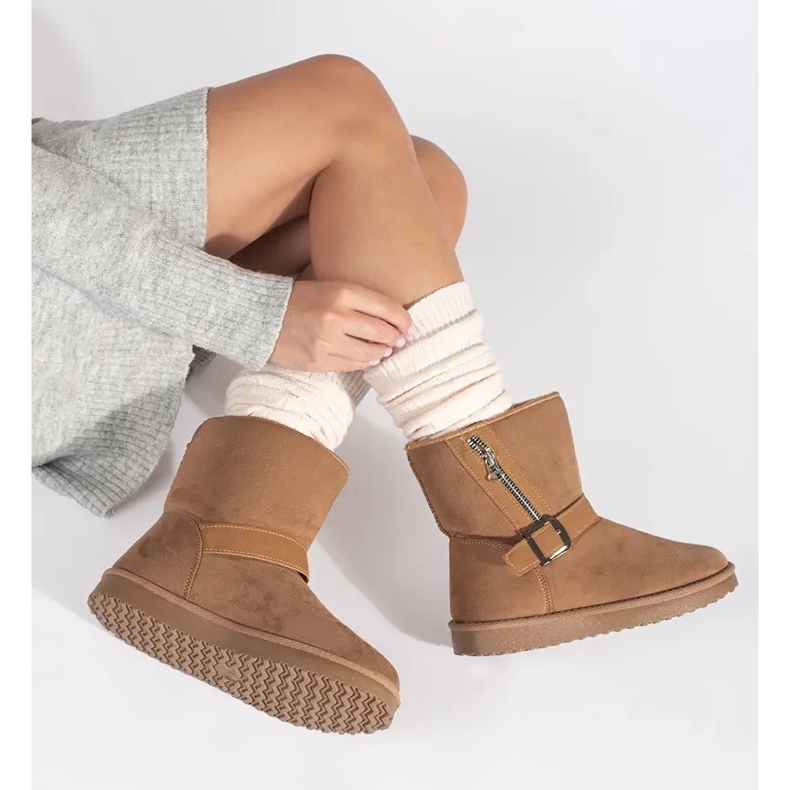 Beige Damen-Schneestiefel mit dekorativer Schnalle und Reißverschluss 2