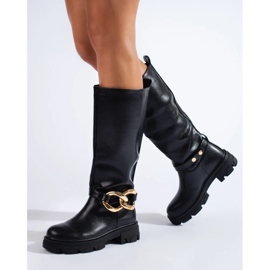 Schwarze Damenstiefel mit Kette aus ökologischem Leder 1
