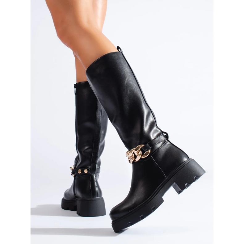 Damenstiefel mit Kette aus ökologischem Leder schwarz 2