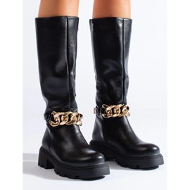 Damenstiefel mit Kette aus ökologischem Leder schwarz 1