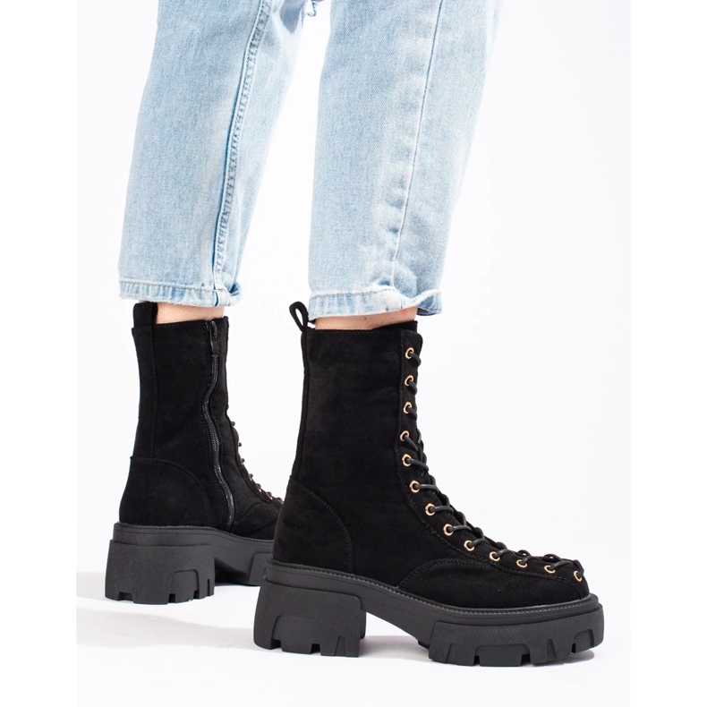 Damen-Workerschuhe mit Schnürung aus schwarzem Wildleder 1