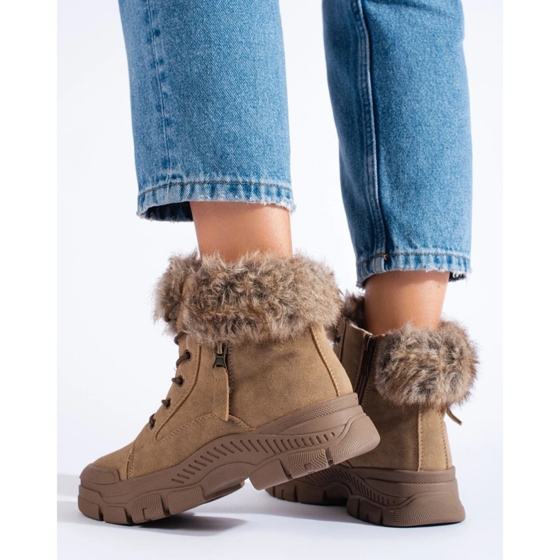 Braune Wanderschuhe für Damen mit Fell beige 1