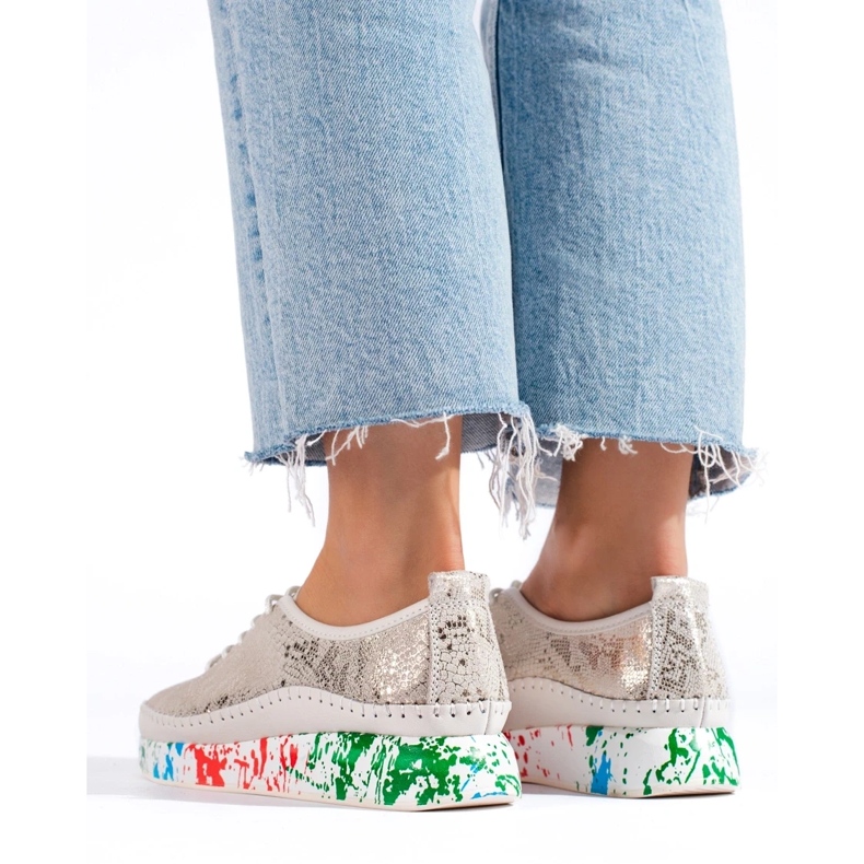 Damen-Lederschuhe mit buntem Plateau Shelvt golden 1