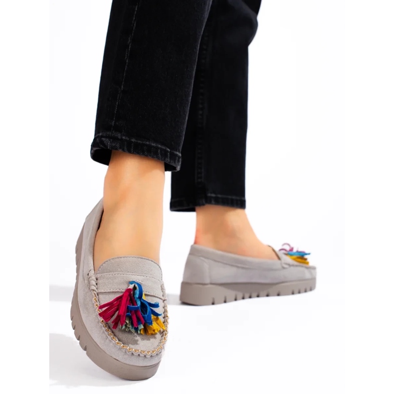 W. Potocki Potocki graue Wildleder-Boho-Loafer mit Fransen 2