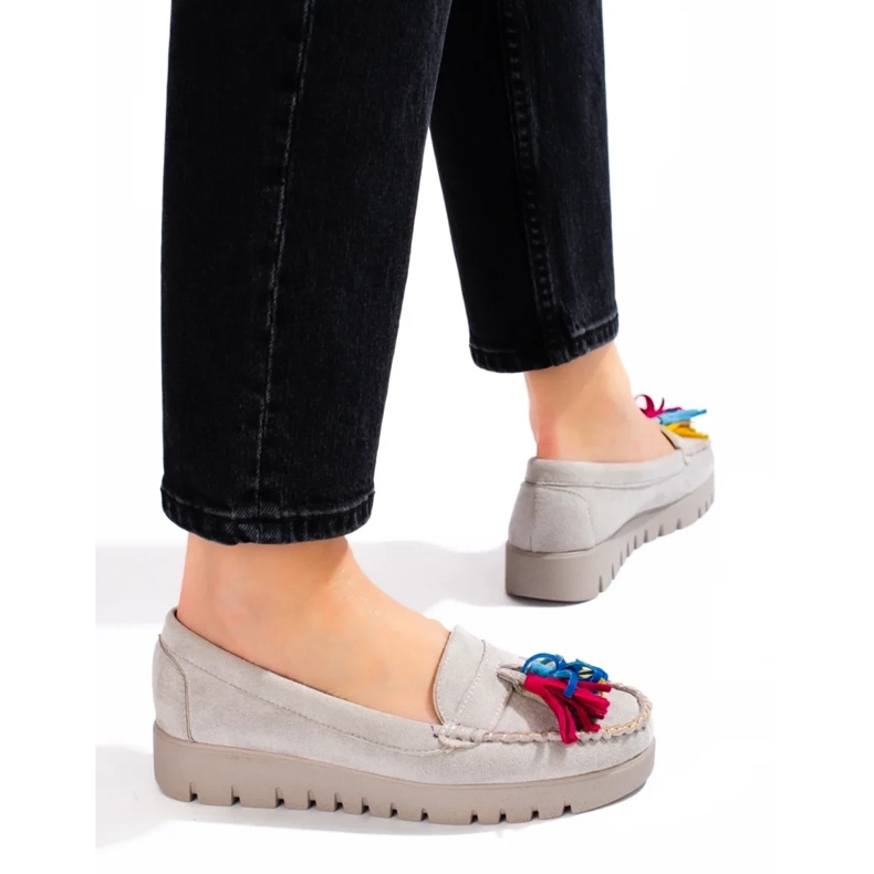 W. Potocki Potocki graue Wildleder-Boho-Loafer mit Fransen 1