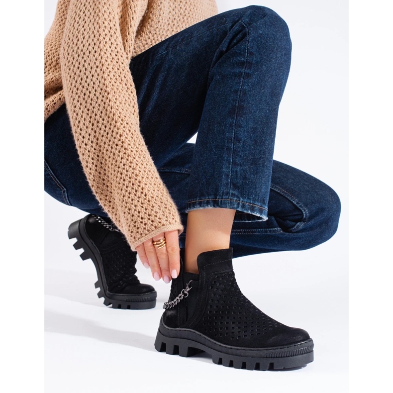 W. Potocki Durchbrochene Damenstiefeletten aus Wildleder, schwarz, Potocki 1