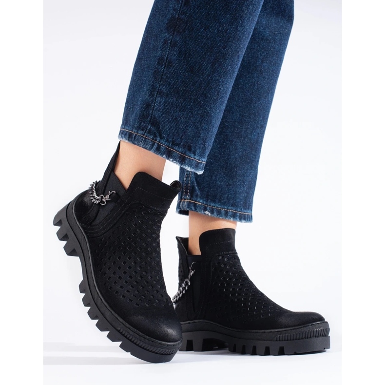 W. Potocki Durchbrochene Damenstiefeletten aus Wildleder, schwarz, Potocki 2