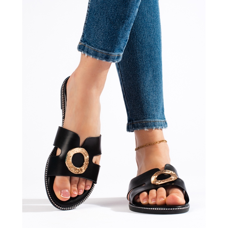 Schwarze flache Pantoletten für Damen 2