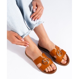 Braune flache Flip-Flops mit Goldverzierung 2