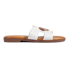 Weiße flache Flip-Flops mit Goldverzierung 1