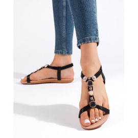 Schwarze flache Damensandalen mit Verzierungen 2
