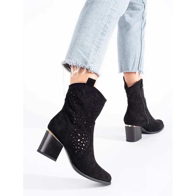 Seastar Durchbrochene schwarze Cowboystiefel mit hohem Absatz 2