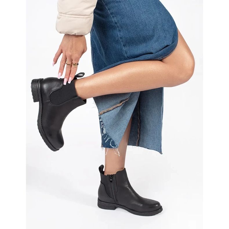 Schwarze, flache Chelsea-Stiefel für Damen 1