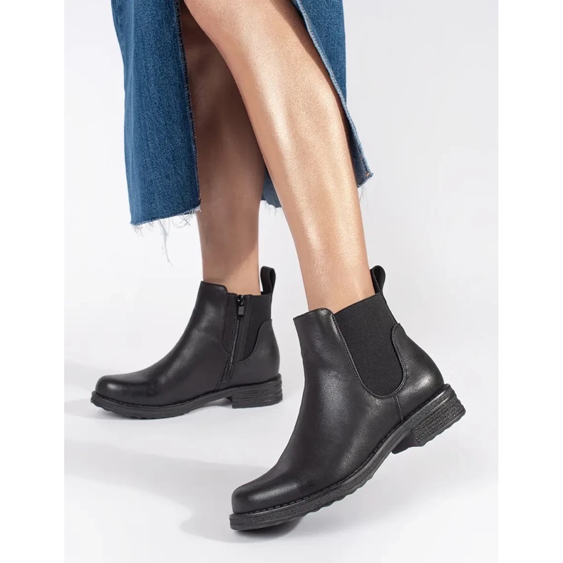 Schwarze, flache Chelsea-Stiefel für Damen 2
