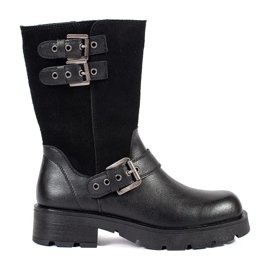 Sergio Leone Schwarze Damen-Lederstiefeletten auf der Plattform, verziert mit Sergio-Leone-Streifen 1