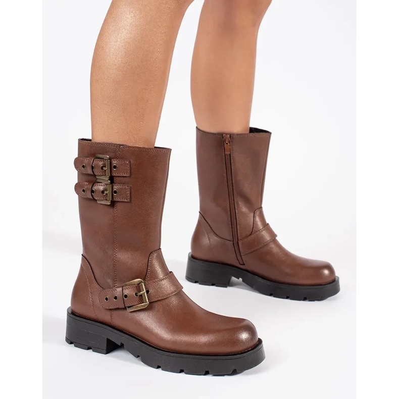 Sergio Leone Braune Damen-Stiefeletten aus Leder mit Plateau, verziert mit Sergio-Leone-Streifen 1