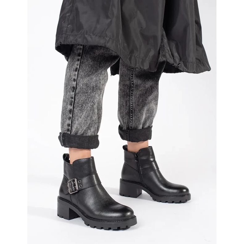 Schwarze Damen-Stiefeletten aus Leder mit hohem Absatz und dekorativer Schnalle von Sergio Leone 2