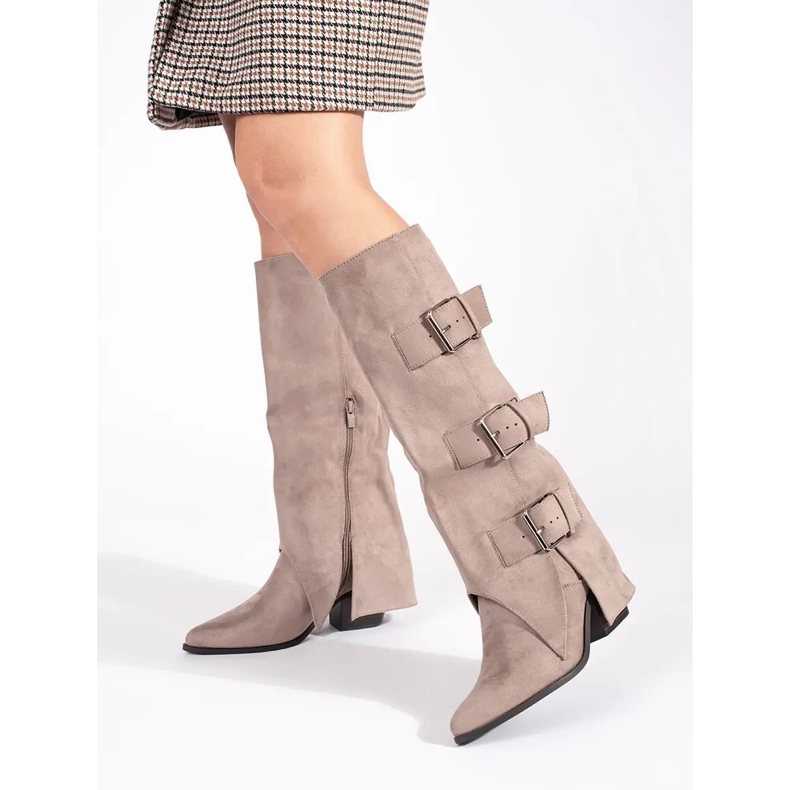 Seastar Beige Wildleder-Damenstiefel mit hohen Absätzen und Schnallen 2