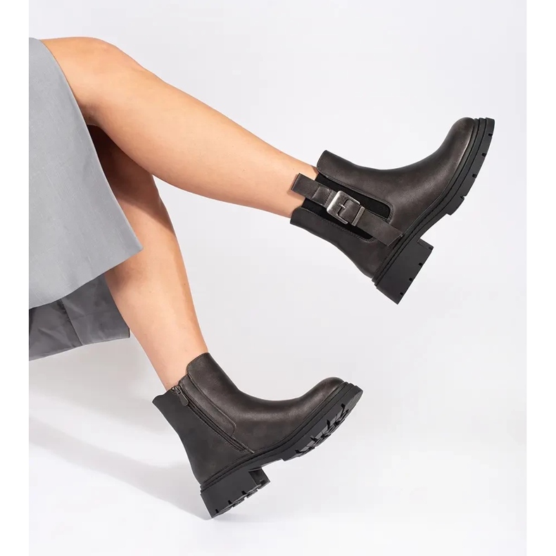 Dunkelbraune metallische Damen-Chelsea-Stiefel mit Schnalle 1