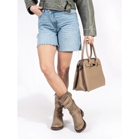 Beigefarbene Damenstiefeletten mit niedrigem Absatz und Schnallen 2