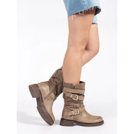 Beigefarbene Damenstiefeletten mit niedrigem Absatz und Schnallen 1