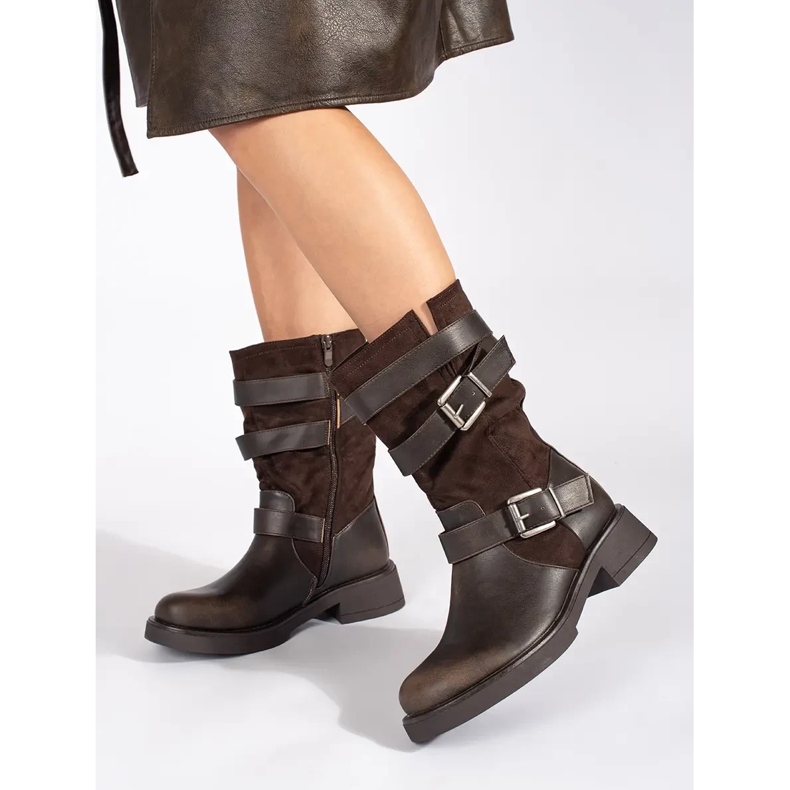 Braune Damenstiefeletten mit niedrigem Absatz und Schnallen 1