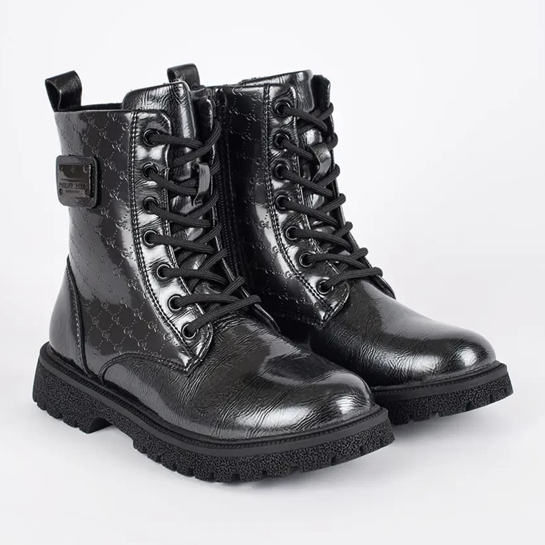 Schwarze Schnürstiefeletten aus Lackleder für Mädchen 2