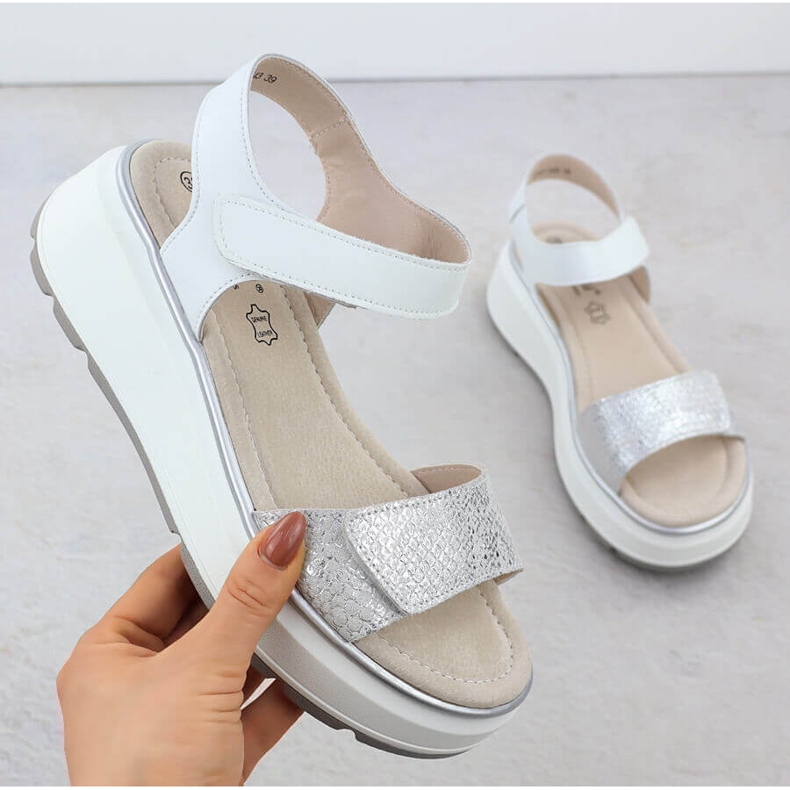 S.Barski Damen-Ledersandalen für Klettverzelung silberne Plattform S. Barski LR51-543 1