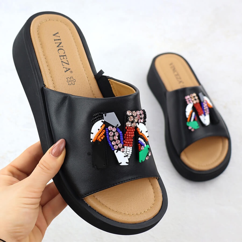Frauen Lederflip Flops mit schwarzem Vinceza 66623 Perlen 1