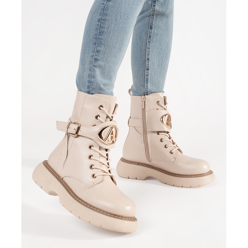 Shelvt Beige geschnürte Frauenstiefel 1