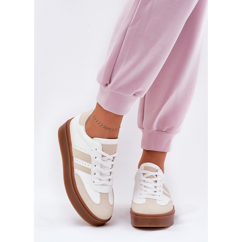 Frauen -Sneaker auf der Plattform mit Eco Leder Beige und Weiß 2