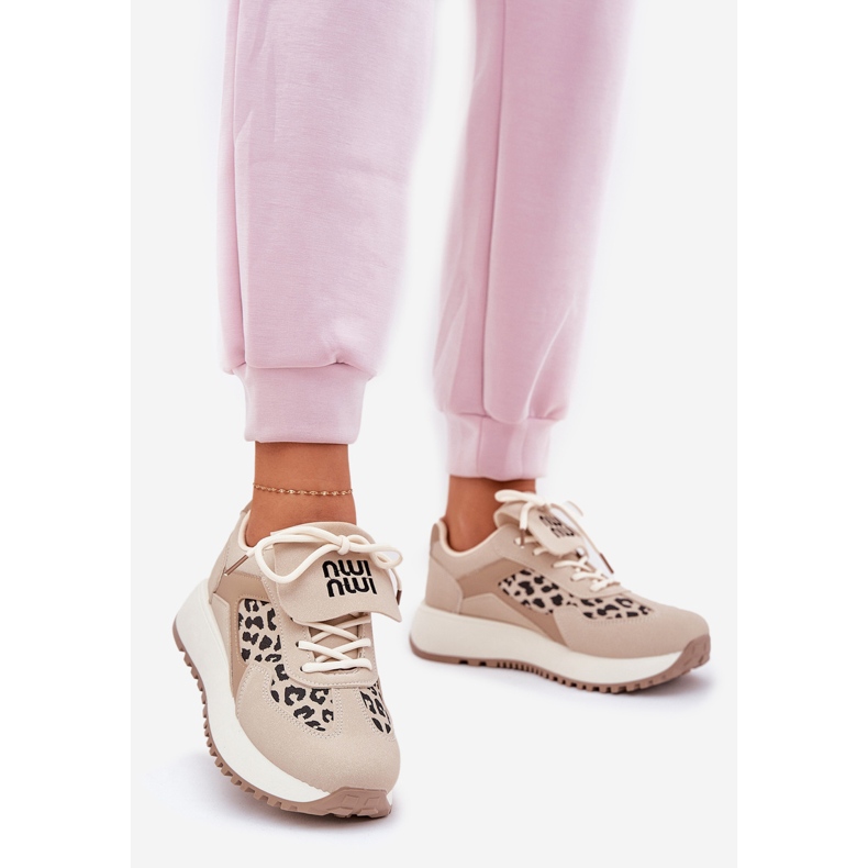 Frauen -Sneaker Sportschuhe auf der Plattform Leopard Beige 1