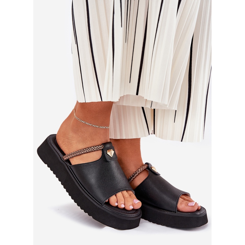 S.Barski Damen-Leder-Hausschuhe auf der Plattform mit einem dekorativen Gürtel D &amp; A MK51-475 Schwarz 1