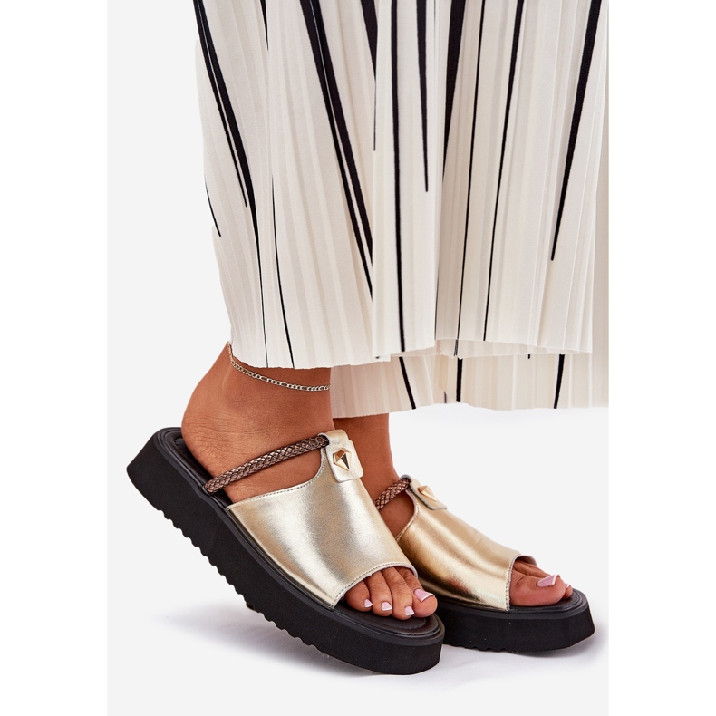 S.Barski Damen-Leder-Hausschuhe auf der Plattform mit einem dekorativen Gürtel D &amp; A MK51-475 Gold golden 1