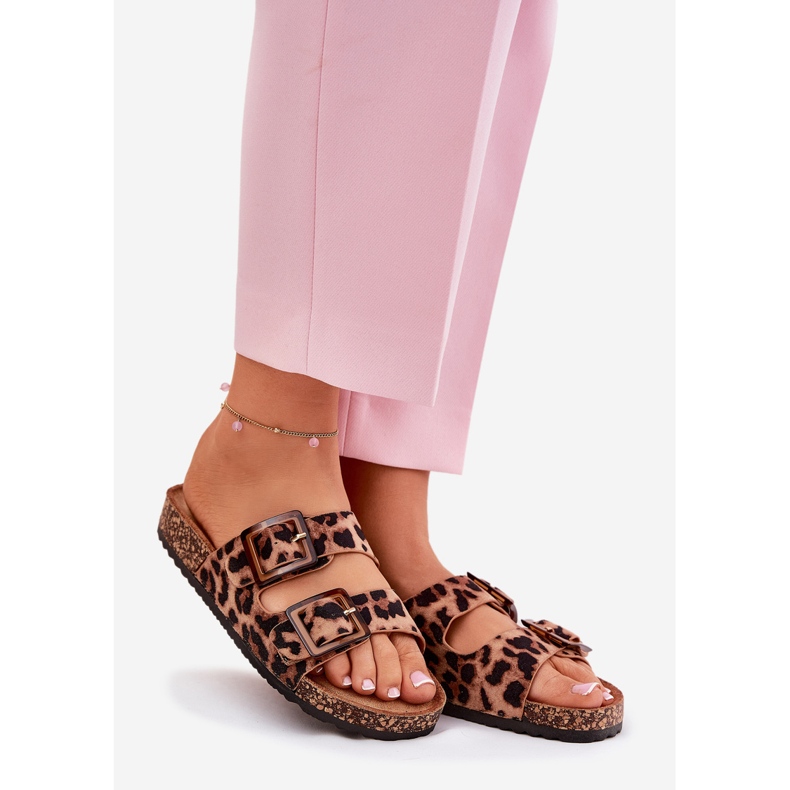 Damenflip Flops mit Klemmen am Cork Sohle braunen Leopardendruck 1