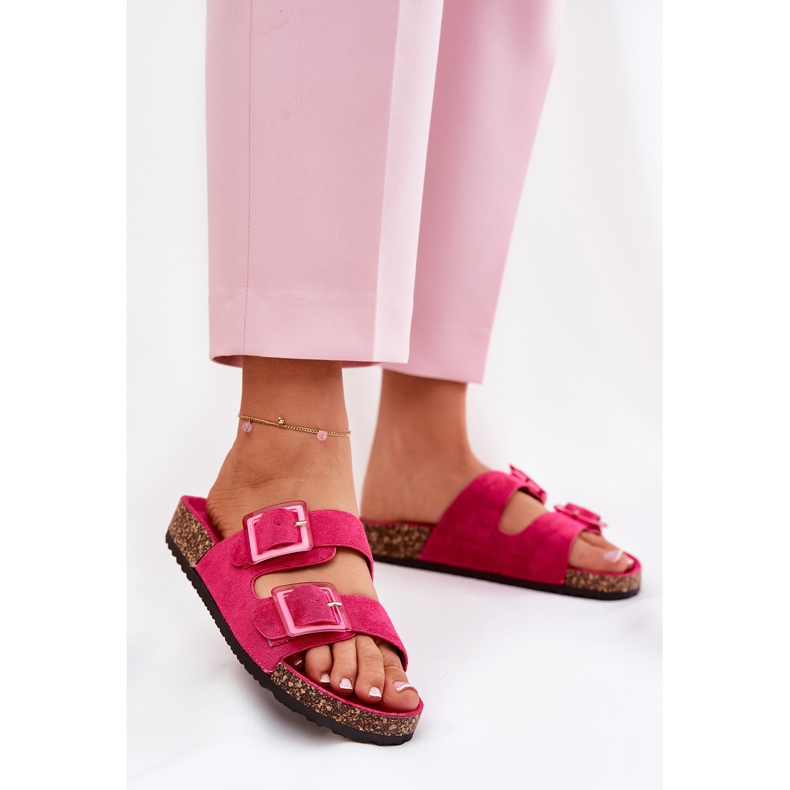 Die Flip -Damen -Flip flops mit Schnallen auf der Cork Sole Fuchsia rosa 2