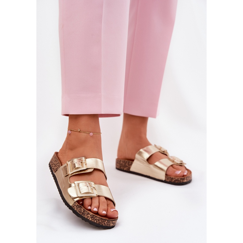 Frauenflip -Flops mit Klemmen auf einer korks alleinigen goldenen Sohle 2