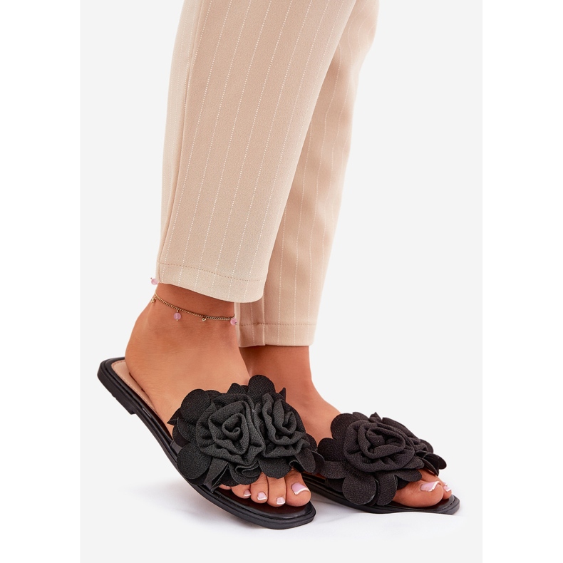 Flach -geköpfte Frauenflip -Flops mit dekorativen Blumen schwarze Blumen 1