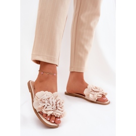 Flach -geköpfte Frauenflip -Flops mit dekorativen Blumen Beige 2