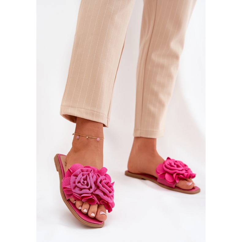 Flach -geköpfte Frauenflip -Flops mit dekorativen Fuchsia -Blumen rosa 1