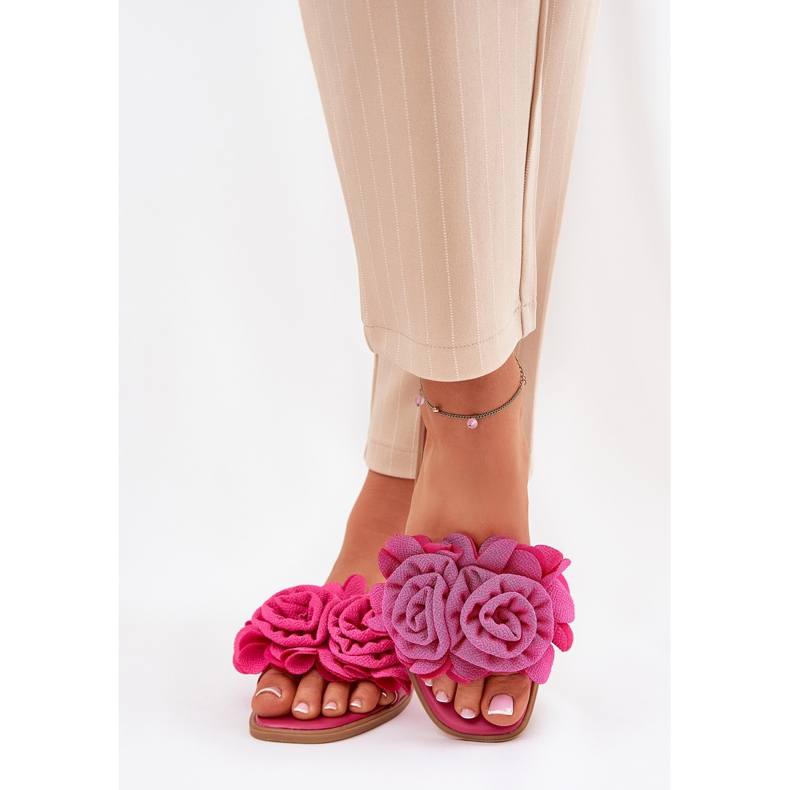 Flach -geköpfte Frauenflip -Flops mit dekorativen Fuchsia -Blumen rosa 2