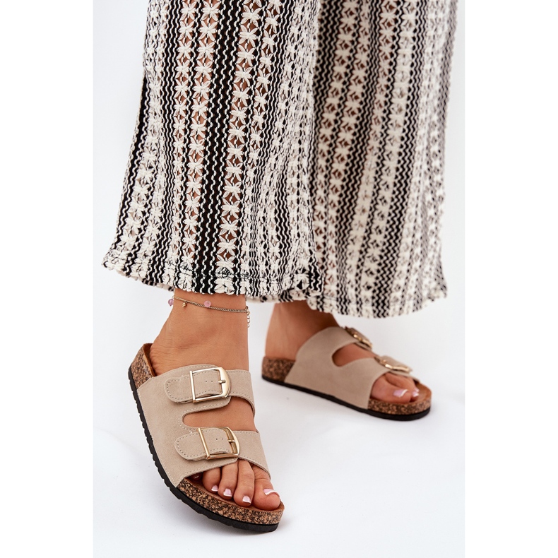 Damenflip Flops auf einer Korkplattform mit goldenen Klemmen Beige 2