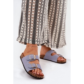 Flip Flops für Frauen auf einer Korkplattform mit goldenen Schnallen blau 2