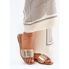 Flache Öko -Leder -Frauen -Hausschuhe mit goldener Schnalle 2