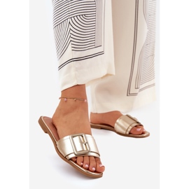 Flache Öko -Leder -Frauen -Hausschuhe mit goldener Schnalle 1