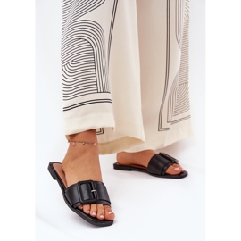 Flache Öko -Leder -Frauen -Hausschuhe mit schwarzer Schnalle 2