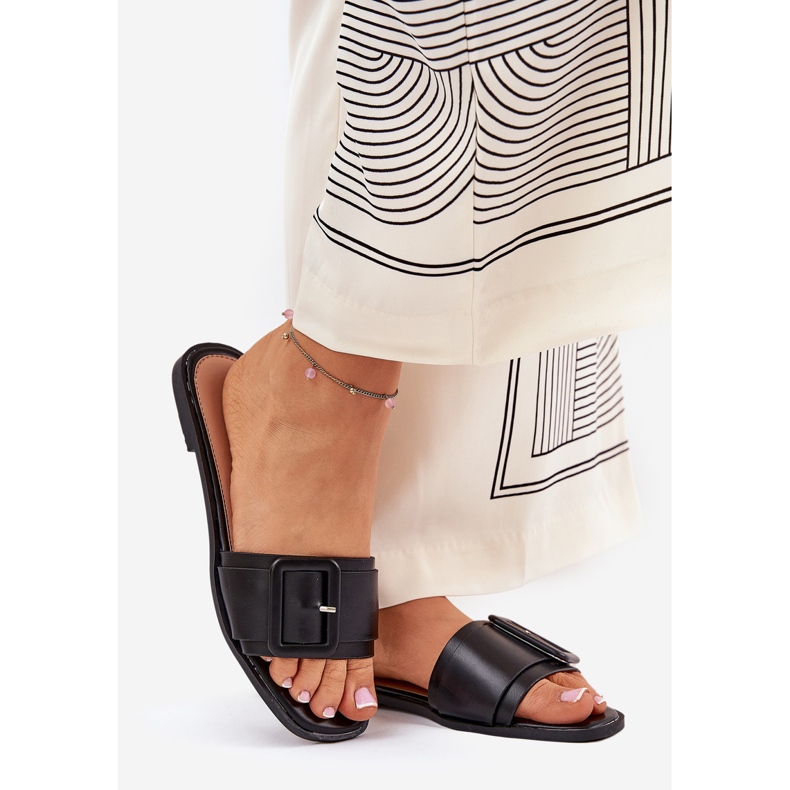 Flache Öko -Leder -Frauen -Hausschuhe mit schwarzer Schnalle 1