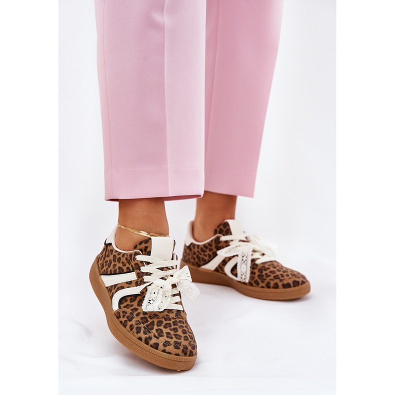 Niedrige Frauen -Turnschuhe mit Spitzen -Leopardendrucken braun 2