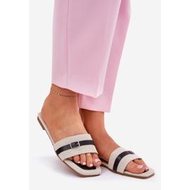 Flat-Frauen-Flip-Flops mit beige-schwarzem Gürtel und Schnalle 1